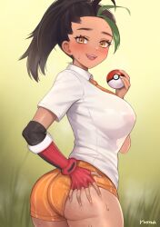 Rule 34 | 1girl, absurdres, ass, ass freckles, black hair, blush, body freckles, breasts, collared shirt, cowboy shot, creatures (company), dark-skinned female, dark skin, fingerless gloves, freckles, game freak, gloves, green hair, hand on own ass, highres, holding, holding poke ball, large breasts, long hair, looking at viewer, multicolored hair, necktie, nemona (pokemon), nintendo, no legwear, norza, open mouth, orange necktie, orange shorts, poke ball, pokemon, pokemon sv, red gloves, see-through, see-through shirt, shirt, short sleeves, shorts, solo, streaked hair, teeth, upper teeth only, white shirt, yellow eyes