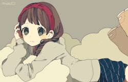 Rule 34 | 1girl, black eyes, blue skirt, brown footwear, brown hair, closed mouth, eyelashes, grey background, grey jacket, hairband, hood, hood down, jacket, long sleeves, looking at viewer, lying, maco22, on stomach, original, red hairband, signature, skirt, solo, striped clothes, striped skirt