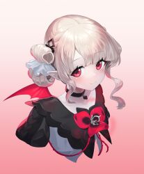 Rule 34 | 1girl, absurdres, black choker, blush, choker, closed mouth, copyright request, cropped torso, gradient background, grey hair, highres, looking at viewer, lumeru 33, neck flower, pink background, pointy ears, purple eyes, red eyes, smile, solo, upper body