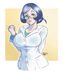 Rule 34 | 1girl, absurdres, arm behind back, black hair, border, breasts, buttons, collarbone, commentary, covered erect nipples, creatures (company), doctor (pokemon), eyelashes, gage 199x, game freak, glasses, green eyes, green shirt, hand up, handjob gesture, highres, lab coat, looking at viewer, motion lines, nintendo, parted lips, pokemon, pokemon swsh, shirt, short hair, signature, solo, upper body, white border