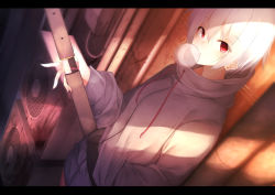 Rule 34 | 1girl, air conditioner, alley, blood, blood splatter, blowing bubbles, dutch angle, hand in pocket, highres, jacket, katana, letterboxed, looking at viewer, original, red eyes, rerrere, shadow, short hair, silver hair, solo, sword, weapon