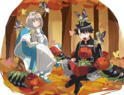 Rule 34 | 2boys, autumn, black footwear, black hair, black shirt, blue cape, blue footwear, book, bug, butterfly, cape, caterpillar, eiki (eikityou 55), fairy, fate/grand order, fate (series), frown, fujimaru ritsuka (male), grey hair, head wreath, holding, holding book, insect, juliet sleeves, long sleeves, male focus, multiple boys, nose bubble, oberon (fate), on shoulder, open mouth, pants, puffy sleeves, reading, robe, shirt, short hair, sitting, tree, white pants