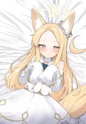 Rule 34 | 1girl, animal ear fluff, animal ears, bed sheet, blonde hair, blue archive, blush, closed mouth, commentary request, detached sleeves, dress, flower, forehead, halo, hands up, highres, long sleeves, looking at viewer, lying, mitsumine raimu, on back, own hands together, parted bangs, puffy long sleeves, puffy sleeves, red eyes, rose, sailor collar, sailor dress, seia (blue archive), sleeveless, sleeveless dress, sleeves past fingers, sleeves past wrists, solo, sweat, tail, white dress, white flower, white rose, white sailor collar, white sleeves