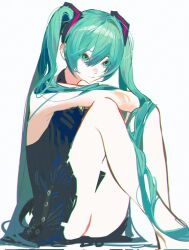 Rule 34 | alternate costume, aqua eyes, aqua hair, ass, bare arms, bare legs, bare shoulders, black dress, closed mouth, commentary, dress, feet out of frame, hair between eyes, hair ornament, hair over shoulder, halter dress, halterneck, hatsune miku, highres, knees up, long hair, miyu (shiyemiyu), simple background, sitting, twintails, very long hair, vocaloid