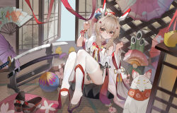 Rule 34 | 1girl, absurdres, ass, ayanami (azur lane), ayanami (pulse of the new year) (azur lane), azur lane, bamboo, bird, bracelet, chick, commentary request, detached sleeves, fox mask, fox statue, fur scarf, grey hair, hair between eyes, hair ornament, hairclip, headgear, highres, indoors, japanese clothes, jewelry, katana, kele mimi, long hair, long sleeves, looking at viewer, manjuu (azur lane), mask, mask on head, new year, no shoes, official alternate costume, orange eyes, panties, pantyshot, parted lips, ponytail, retrofit (azur lane), sandals, sidelocks, sitting, sword, tatami, thighhighs, underwear, weapon, white thighhighs, wide sleeves