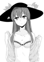 Rule 34 | 1girl, blush, bra, collarbone, flat chest, food, fruit, greyscale, hat, hickey, hinanawi tenshi, lipstick mark, long hair, looking at viewer, momo retasu, monochrome, monochrome, open clothes, open shirt, peach, shirt, solo, squiggle, touhou, underwear, undressing, upper body