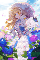 Rule 34 | 10s, 1girl, absurdres, alternate costume, animal, bell, blonde hair, blue flower, blue ribbon, blurry, bow, breasts, budinger, bug, butterfly, cat, closed mouth, cloud, cowboy shot, cross-laced clothes, day, depth of field, dress, eyebrows, flower, formal, frilled dress, frills, from below, garden, gloves, glowing butterfly, hair bow, highres, holding, holding umbrella, hydrangea, insect, jingle bell, lace, lace-trimmed dress, lace trim, leaf, light brown hair, long hair, looking at viewer, looking down, love live!, love live! school idol project, medium breasts, minami kotori, neck ribbon, one side up, outdoors, outstretched arm, palms, parasol, petals, pinafore dress, pink bow, pink flower, pinky out, purple flower, purple rose, reaching, red bow, red lips, ribbon, rose, shade, short sleeves, signature, sky, sleeveless dress, smile, solo, umbrella, white bow, white gloves, wrist cuffs, yellow eyes, yellow flower, yellow rose