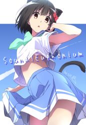 Rule 34 | 1girl, :o, animal ears, black hair, blue background, blue skirt, bra, brown eyes, commentary request, copyright name, dated, hibike! euphonium, highres, hisaishi kanade, kemonomimi mode, looking at viewer, midriff, nii manabu, pink bra, school uniform, shirt, short hair, short sleeves, signature, skirt, solo, tail, thighs, two-tone background, underwear, white background, white shirt