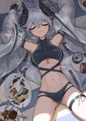 Rule 34 | 1girl, anchor symbol, arm strap, armpits, arms up, asicah, bare shoulders, beach mat, beef, bikini, black bikini, black gloves, breasts, can, closed eyes, closed mouth, clothes writing, commentary, covered collarbone, cowboy shot, day, drink can, dutch angle, fingerless gloves, food, gloves, grey hair, groin, hair between eyes, horns, jacket, kebab, large breasts, long hair, long sleeves, lying, multi-strapped bikini, mushroom, navel, on back, open clothes, open jacket, original, outdoors, pepsi, plate, shadow, sidelocks, skewer, sleeping, smile, soda can, solo, stomach, swimsuit, symbol-only commentary, thigh strap, underboob, uwu, white jacket, zipper, zipper pull tab