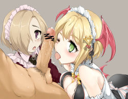 Rule 34 | 10s, 1boy, 2girls, apron, bad id, bad pixiv id, bare shoulders, bat wings, blonde hair, blush, breasts, caressing testicles, censored, center opening, cleavage, cooperative fellatio, dress, earrings, fellatio, green eyes, hair ornament, hair over one eye, head wings, headdress, hetero, idolmaster, idolmaster cinderella girls, jewelry, maid, maid apron, maid headdress, male pubic hair, miyamoto frederica, momio, multiple girls, one eye closed, open mouth, oral, penis, pubic hair, purple eyes, saliva, shirasaka koume, short hair, sleeves past wrists, teamwork, testicles, tongue, wings, wink