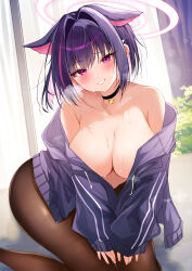 Rule 34 | 1girl, absurdres, animal ears, black choker, black hair, black jacket, black pantyhose, blue archive, breasts, cat ears, choker, cleavage, collarbone, colored inner hair, extra ears, hair ornament, hairclip, halo, highres, jacket, kazusa (blue archive), large breasts, long sleeves, looking back, multicolored hair, nenobi (nenorium), open mouth, pantyhose, pink hair, pink halo, red eyes, short hair, smile, solo