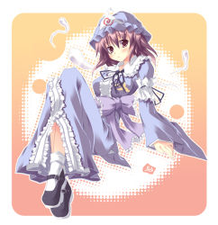 Rule 34 | 1girl, :o, arm support, blush, bow, bowtie, breasts, crossed legs, female focus, frills, full body, gradient background, halftone, halftone background, hat, head tilt, hitodama, japanese clothes, kimono, large breasts, leaning back, long sleeves, looking at viewer, mary janes, obi, orange background, pink background, pink eyes, pink hair, ruru (artist), ruru (heat haze), saigyouji yuyuko, sash, shoes, sitting, socks, solo, touhou, triangular headpiece, white background, white socks, wide sleeves