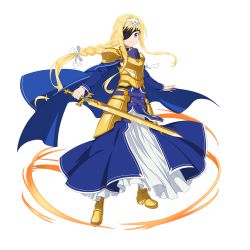 Rule 34 | 1girl, alice zuberg, armor, armored boots, armored dress, blonde hair, blue cape, blue eyes, boots, cape, eyepatch, floating hair, frown, full body, gold armor, hairband, highres, holding, holding sword, holding weapon, long hair, looking at viewer, official art, osmanthus blade, outstretched arms, pauldrons, shoulder armor, skirt, solo, sword, sword art online, sword art online: alicization, transparent background, very long hair, weapon, white hairband, white skirt, yellow footwear