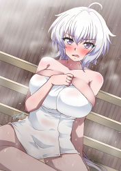 Rule 34 | 1girl, ahoge, aoi manabu, arm support, blush, breasts, commission, grey eyes, highres, huge breasts, long hair, looking at viewer, naked towel, parted lips, pixiv commission, senki zesshou symphogear, sitting, solo, steam, towel, wet, white hair, yukine chris