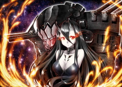 Rule 34 | 10s, 1girl, abyssal ship, battleship princess, black dress, black hair, breasts, cleavage, collar, colored skin, dress, fire, gekato, glowing, glowing eyes, highres, horns, kantai collection, large breasts, long hair, outline, red eyes, sky, solo, star (sky), starry sky, upper body, very long hair, white skin
