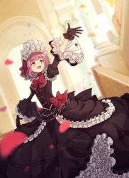 Rule 34 | 1girl, arm up, black dress, black gloves, blush, bonnet, bow, breasts, coffeekite, dress, fate/grand order, fate (series), frills, gloves, helena blavatsky (fate), heroic spirit tour outfit, juliet sleeves, long sleeves, looking to the side, open mouth, petals, puffy sleeves, purple eyes, purple hair, red bow, short hair, small breasts, smile, solo, wide sleeves