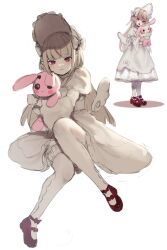 Rule 34 | 1girl, ankle ribbon, blush, bonnet, character sheet, dress, frown, full body, goth fashion, grey hair, highres, hime lolita, holding, holding stuffed toy, leg ribbon, lolita fashion, long hair, low wings, makaino ririmu, mary janes, multicolored hair, multiple views, nijisanji, open mouth, pink hair, pointy ears, red footwear, ribbon, shoes, simple background, sketch, smile, streaked hair, stuffed animal, stuffed rabbit, stuffed toy, thighhighs, tuki neko9, two-tone hair, virtual youtuber, white background, white dress, white headwear, white thighhighs, white wings, wings