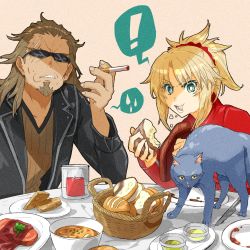 Rule 34 | 1boy, 1girl, blonde hair, braid, bread, breasts, brown hair, candle, cat, cigarette, eating, facial hair, fate/apocrypha, fate/grand order, fate (series), food, goatee, green eyes, hair ornament, hair scrunchie, highres, iris (tb33064667), jacket, long hair, looking at viewer, mordred (fate), mordred (fate/apocrypha), mordred (memories at trifas) (fate), open mouth, ponytail, red scrunchie, scar, scrunchie, shishigou kairi, simple background, sunglasses, table