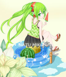 Rule 34 | faucet, flower, food, from behind, fruit, green eyes, green hair, hatsune miku, headphones, long hair, looking back, pondel, popsicle, sandals, sitting, skirt, solo, twintails, very long hair, vocaloid, wading pool, water, watermelon, watermelon bar