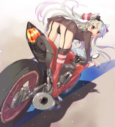 Rule 34 | 10s, 1girl, absurdres, amatsukaze (kancolle), armadillo-tokage, ass, bad id, bad pixiv id, black panties, blush, garter straps, gradient background, hair tubes, hat, headgear, highres, kantai collection, long hair, looking at viewer, motor vehicle, motorcycle, open mouth, panties, red footwear, red thighhighs, sailor collar, sailor hat, shoes, silver hair, solo, striped clothes, striped thighhighs, thighhighs, two side up, underwear, vehicle, wavy mouth, yamaha