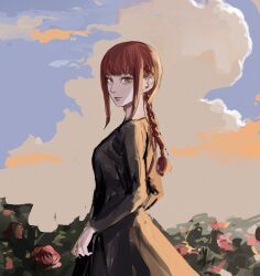 Rule 34 | 1girl, black dress, blue sky, braid, braided ponytail, chainsaw man, cloud, cloudy sky, dress, evening, flower, highres, kamo (kamonegioisi), looking at viewer, looking back, makima (chainsaw man), medium hair, red hair, ringed eyes, rose, sidelocks, sky, solo, yellow eyes