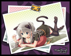 Rule 34 | &gt; &lt;, 1girl, animal, animal ears, black border, black dress, black ribbon, black tail, black thighhighs, blue eyes, blush, border, breast press, breasts, cat ears, cat girl, cat tail, cleavage, copyright name, dress, fang, grey hair, hair between eyes, hair ribbon, holding, holding animal, jewelry, kemonomimi mode, leg up, long hair, lying, mabinogi, medium breasts, mouse (animal), nao (mabinogi), neck ring, on stomach, open mouth, photo (object), pillow, reflection, reflective floor, ribbon, short sleeves, sidelocks, sisco, solo, tail, thighhighs, twintails, weird cat
