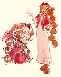 Rule 34 | 1girl, aerith gainsborough, black eyes, boots, bracelet, brown eyes, brown footwear, brown hair, cartoonized, commentary, dress, english commentary, final fantasy, final fantasy vii, hair behind ear, heather rivers, highres, jacket, jewelry, long hair, multi-tied hair, multiple views, open mouth, red jacket, smile, square enix, toon (style), very long hair, waving, white dress