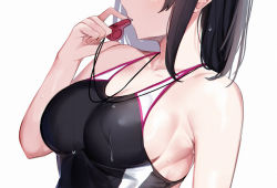 Rule 34 | 1girl, bad id, bad pixiv id, bare shoulders, black hair, black one-piece swimsuit, breast focus, breasts, cleavage, collarbone, commentary request, competition swimsuit, hand up, head out of frame, holding, holding whistle, kantai collection, large breasts, medium hair, miyasaka miyabi, one-piece swimsuit, parted lips, simple background, solo, swimsuit, takao (kancolle), upper body, wet, wet clothes, wet swimsuit, whistle, whistle around neck, white background