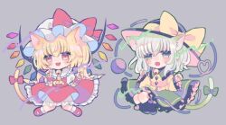 Rule 34 | 2girls, animal ears, ascot, bat wings, black hat, blonde hair, blouse, bow, buttons, cat ears, cat girl, cat tail, chibi, crystal, diamond button, eyeball, fanny pack, flandre scarlet, frilled shirt collar, frilled sleeves, frills, green hair, green skirt, hat, hat bow, hat ribbon, heart, heart of string, hiyuu (hiyualice), komeiji koishi, mob cap, multicolored wings, multiple girls, one side up, puffy short sleeves, puffy sleeves, red eyes, red skirt, red vest, ribbon, shirt, short sleeves, side ponytail, skirt, skirt set, tail, third eye, touhou, vest, white hat, wide sleeves, wings, yellow ascot, yellow bow, yellow ribbon, yellow shirt