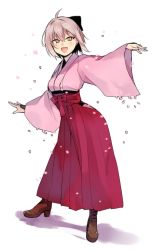 Rule 34 | 1girl, ahoge, arm guards, black bow, boots, bow, cross-laced footwear, danimaru, fate/grand order, fate (series), hair bow, hakama, hakama skirt, japanese clothes, kimono, koha-ace, lace-up boots, meiji schoolgirl uniform, obi, okita souji (fate), okita souji (koha-ace), petals, pink hakama, sash, skirt, yellow eyes
