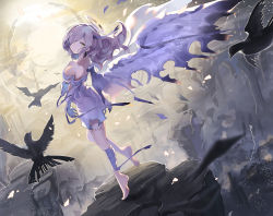 Rule 34 | 1girl, angel, angel wings, armband, bandaged arm, bandaged leg, bandages, barefoot, bird, bird wings, black feathers, breasts, closed mouth, dress, falken (yutozin), feathers, gradient wings, hair over one eye, halo, highres, holding own arm, horns, light particles, long hair, looking at viewer, medium breasts, multicolored wings, off-shoulder dress, off shoulder, original, pink hair, single horn, solo, stone, tagme, tattoo, torn clothes, torn dress, torn sleeves, white dress, white legwear, white sleeves, wings, yellow eyes