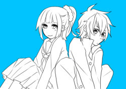 Rule 34 | 1boy, 1girl, blue background, blush, caius qualls, dress, hanamoto chika, jacket, lowres, monochrome, pants, ponytail, rubia natwick, school uniform, short hair, smile, tales of (series), tales of the tempest