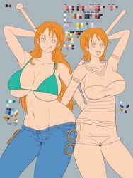 Rule 34 | animated, bikini, bikini top only, breasts, curvy, denim, highres, jeans, large breasts, midriff, mikanberry, miniskirt, nami (one piece), navel, one piece, pants, shirt, shoulder tattoo, skirt, swimsuit, tattoo, video