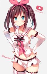 Rule 34 | 1girl, alternate hairstyle, armpits, bare shoulders, blue eyes, blush, breasts, brown hair, closed mouth, collarbone, commentary request, copyright name, detached sleeves, grey background, groin, hair ribbon, hair up, hairband, hands on own hips, highres, kizuna ai, kizuna ai inc., long hair, long sleeves, looking at viewer, medium breasts, multicolored hair, navel, pink hair, pink hairband, pink ribbon, play button, ribbon, shirt, short shorts, shorts, sidelocks, simple background, sleeveless, sleeveless shirt, sleeves past wrists, smile, solo, standing, streaked hair, thighhighs, twintails, twitter username, unacchi (nyusankin), virtual youtuber, white shirt, white shorts, white thighhighs