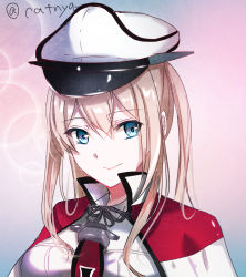 Rule 34 | 10s, artist name, blonde hair, capelet, cross, eyebrows, graf zeppelin (kancolle), hair between eyes, hat, highres, iron cross, kantai collection, looking at viewer, necktie, nekomaaro, peaked cap, pink background, red necktie, shirt, short hair, simple background, smile, solo, tsurime, twintails, upper body, white hat, white shirt