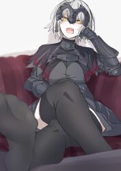 Rule 34 | 1girl, absurdres, armor, armored dress, black dress, black thighhighs, breasts, chain, collar, commission, crossed legs, dress, fate/grand order, fate (series), faulds, feet, gauntlets, grey hair, headpiece, highres, jeanne d&#039;arc alter (avenger) (fate), jeanne d&#039;arc alter (fate), large breasts, looking at viewer, metal collar, open mouth, pixiv commission, plackart, ri o ne su, short hair, sitting, thighhighs, yellow eyes