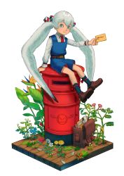Rule 34 | 1girl, bag, bookbag, feathers, flower, full body, grey eyes, hair ribbon, letter, mailbox, necktie, note, original, plant, postbox, ribbon, shoes, sitting, smile, socks, solo, transparent background, twintails, viibean, white hair, wooden floor
