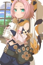 Rule 34 | 1girl, animal ear fluff, animal ears, aqua eyes, bangs pinned back, belt, beret, blue shorts, blush, bottle, cat ears, cat girl, cat tail, choker, commentary, cowboy shot, curtains, detached sleeves, diona (genshin impact), genshin impact, gloves, hat, highres, holding, holding bottle, indoors, looking at viewer, milk bottle, navel, paw print, pink hair, pouch, ribbon, short hair, shorts, solo, standing, tail, tail ornament, tail ribbon, time is money3120, white choker, white gloves, window