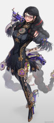 Rule 34 | 1girl, artist name, bayonetta, bayonetta (series), bayonetta 3, black-framed eyewear, black dress, black footwear, black hair, black pantyhose, bow, braid, closed mouth, clothing cutout, commentary request, dress, dual wielding, earrings, elbow gloves, eyeshadow, feather-trimmed dress, feather trim, flower, full body, gem, glass, glint, gloves, gold trim, gonzarez, grey dress, grey eyes, gun, hair over shoulder, hand on own hip, hand up, handgun, high heels, highres, holding, holding weapon, jewelry, long hair, looking at viewer, makeup, mole, mole under mouth, multicolored hair, one eye closed, pantyhose, puffy short sleeves, puffy sleeves, purple bow, red hair, shoes, short sleeves, simple background, smile, solo, streaked hair, swept bangs, tongue, tongue out, twin braids, twitter username, very long hair, weapon, white background, white gloves
