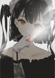 Rule 34 | 1girl, black dress, black hair, brown eyes, cigarette, dress, gloves, hand up, head tilt, highres, holding, holding cigarette, hoojiro, looking at viewer, maid headdress, original, parted lips, smile, smoke, smoking, solo, twintails, upper body, white gloves