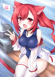 Rule 34 | 1girl, :d, absurdres, afloat, animal ears, azur lane, bare shoulders, black choker, blush, breasts, cat ears, cat tail, choker, clothing cutout, collarbone, commentary request, cowboy shot, fang, hair between eyes, hand on own thigh, highres, huge filesize, i-19 (azur lane), jacket, kinomiki nobori, large breasts, long hair, looking at viewer, navel cutout, ocean, off-shoulder jacket, off shoulder, one-piece swimsuit, open mouth, red eyes, red hair, sakura empire (emblem), sidelocks, sitting, skin fang, sleeves past wrists, smile, solo, submarine, swimsuit, tail, taut clothes, taut swimsuit, thighhighs, twintails, v, watercraft, white jacket, white thighhighs
