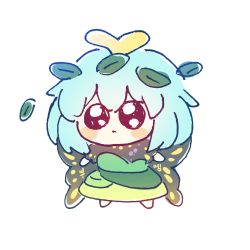 Rule 34 | 1girl, antennae, aqua hair, black eyes, blush stickers, butterfly wings, chibi, closed mouth, commentary, dress, emoji, eternity larva, fairy, full body, green dress, hair between eyes, highres, insect wings, kaoling, korean text, leaf, leaf on head, multicolored clothes, multicolored dress, pleading face emoji, shirt, short sleeves, simple background, single strap, solo, symbol-only commentary, touhou, white background, wings