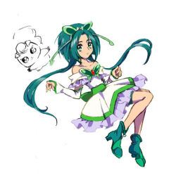Rule 34 | 00s, 1girl, akimoto komachi, cure mint, elbow gloves, frilled skirt, frills, full body, gloves, green eyes, green hair, hair ornament, long hair, lowres, magical girl, nuts (yes! precure 5), penki, precure, skirt, twintails, white background, yes! precure 5