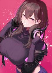 Rule 34 | 1girl, black jacket, black sweater, breasts, brown hair, commentary request, cropped sweater, crossed bangs, from above, grin, headphones, highres, jacket, large breasts, long hair, long sleeves, looking at viewer, midriff, mole, mole under eye, multicolored hair, ninoude (ninoude44), open clothes, open jacket, original, pink background, pink eyes, pink hair, ribbed sweater, sleeves past wrists, smile, solo, streaked hair, sweater, turtleneck, turtleneck sweater, two-tone hair