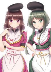 Rule 34 | 2girls, apron, black headwear, blush, bow, breasts, brown hair, buttons, closed mouth, dress, green dress, green eyes, green hair, hand on own hip, hands up, hat, highres, looking at viewer, medium breasts, miton iguana, multiple girls, nishida satono, pink bow, pink dress, pink eyes, puffy short sleeves, puffy sleeves, short hair, short hair with long locks, short sleeves, simple background, smile, standing, teeth, teireida mai, touhou, white apron, white background, yellow bow