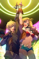 Rule 34 | 1boy, 1girl, arm up, bare shoulders, belt, bikini, billy the kid (fate), black jacket, blonde hair, blue shorts, blush, bracer, breasts, brown gloves, brown vest, calamity jane (fate), cleavage, cropped vest, detached collar, echo (circa), facial mark, facial tattoo, fate/grand order, fate (series), fingerless gloves, gloves, green eyes, green shorts, jacket, large breasts, long hair, long sleeves, looking at viewer, microphone, navel, one eye closed, open clothes, open mouth, open vest, pointing, pointing up, red bikini, short hair, short shorts, shorts, side ponytail, smile, star (symbol), star facial mark, star tattoo, stomach tattoo, swimsuit, tattoo, thighhighs, thighs, two-tone shorts, vest, white thighhighs
