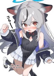 Rule 34 | 1girl, animal ears, black dress, black jacket, black socks, blue archive, blue halo, blush, breasts, clenched hands, dated, dress, grey hair, hair between eyes, halo, highres, jacket, kokona (blue archive), long hair, long sleeves, mokyutan, open clothes, open jacket, open mouth, orange eyes, shoes, simple background, sleeveless, sleeveless dress, small breasts, socks, solo, striped clothes, striped dress, tiger ears, twitter username, vertical-striped clothes, vertical-striped dress, white background, white footwear