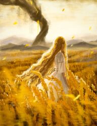 Rule 34 | 1boy, blonde hair, braid, child, crown braid, dress, elden ring, erdtree (elden ring), field, from side, highres, hill, long hair, looking afar, looking ahead, looking to the side, looking up, miquella (elden ring), mountainous horizon, outdoors, side braids, solo, tree, twin braids, vinhanmacly1, wavy hair, wheat, wheat field, yellow theme