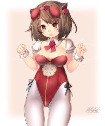 Rule 34 | 10s, 1girl, 2016, blush, breasts, brown eyes, brown hair, cleavage, dated, draph, granblue fantasy, hairband, highres, horns, kokka han, leotard, medium breasts, open mouth, pantyhose, playboy bunny, red leotard, short hair, solo, thigh gap, white pantyhose, yaia (granblue fantasy)