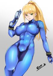 Rule 34 | 1girl, abs, absurdres, artist name, blonde hair, blue bodysuit, bodysuit, bracelet, breasts, covered erect nipples, covered navel, got ji (gojich1), gradient background, green eyes, grey background, gun, handgun, high ponytail, highres, holding, holding gun, holding weapon, jewelry, large breasts, looking at viewer, metroid, muscular, muscular female, nintendo, paralyzer, parted lips, samus aran, skin tight, smile, solo, super smash bros., toned, weapon, white background, zero suit